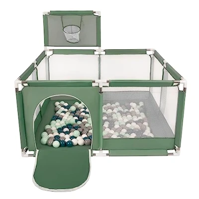 Image of Selonis Square Play Pen Filed with 100 Balls Basketball, Green:Dark Turquoise/Grey/White/Mint
