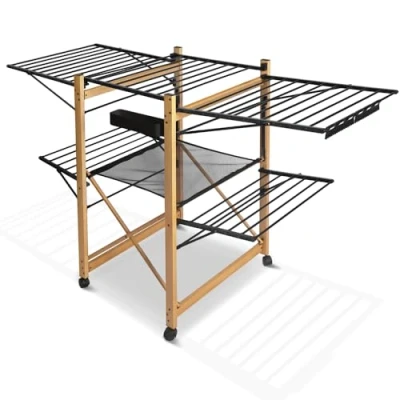 Image of VOUNOT Large Clothes Airer, Foldable Drying Rack, 2 Level Horse with Wings &amp; Casters, Free Standing Garment Laundry Rack for Indoor Outdoor, Black Wood Look