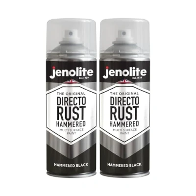 Image of JENOLITE Directorust Hammered Metal Spray Paint BLACK 2x400ml Multi Surface For Finish All in One Primer, Undercoat &amp; Topcoat Apply Direct to Rust