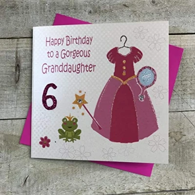 Image of White Cotton Cards Pink, Princess Dress, Happy Gorgeous Granddaughter 6&quot; Handmade Girls 6th Birthday Card, GL242 6