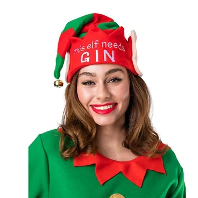 Image of Wicked Costumes Adult Christmas This Elf Needs Gin Hat with Bell Santas Little Helper Fancy Dress Accessory Xmas (Gin)