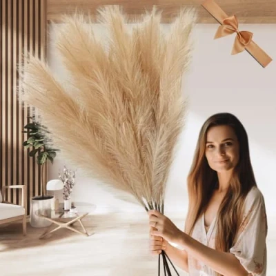 Image of Extra Large Pampas Grass Artificial Fluffy, Fake Feathers For Floor Vase, Decorative Tall Flowers Brown Bedroom Living Room Ornaments, 3 stems x 116cm Long