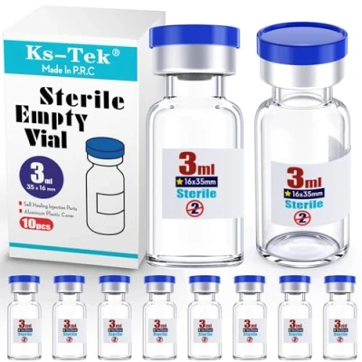 Image of Ks Tek Sterile Empty Vials with Self Healing Injection Port,with Flip Off Aluminum Cap,Sterile Package (3ml,10)