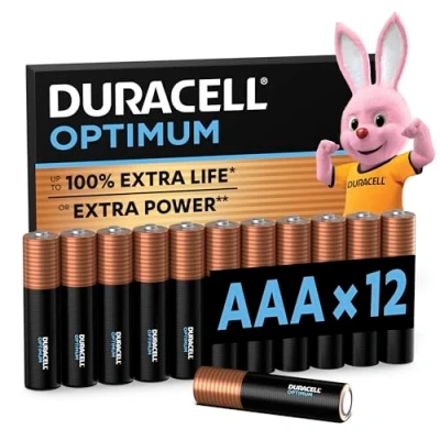 Image of Duracell Optimum AAA Batteries (12 pack) Alkaline 1.5V Up To 100% Extra Life or Power Meets Demands Of Modern Devices Recyclable, 0% Plastic Packaging LR03 MX2400