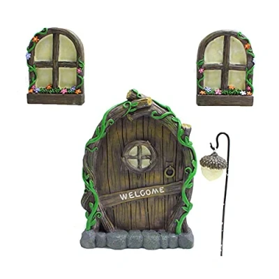 Image of Miniature Fairy Tree Door, Mini Door and Window set with 2 Glow Windows Garden Resin Outdoor Ornaments for Yard Lawn Art Decoration