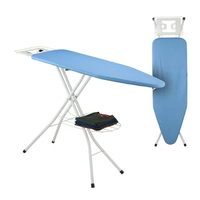 Image of Ironing Board for Steam Irons, 120 x 38 cm, Height Adjustable, Folding, Cotton Cover, Clothes Shelf, Blue Relaxdays