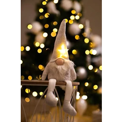 Image of Marco Paul Christmas 26cm White LED Star Santa Gonk Furry Fabric Soft Plush Festive Decorations Indoor Ornament Novelty Nordic Xmas Home Decoration Light Up Figure