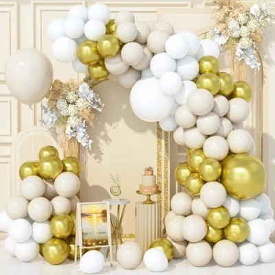 Image of Teselife 136Pcs White Gold Balloon Arch Kit, Beige Sand Metallic Party Balloons Garland Kit for Birthday Baby Shower Wedding Anniversary Carnival Decorations Supplies