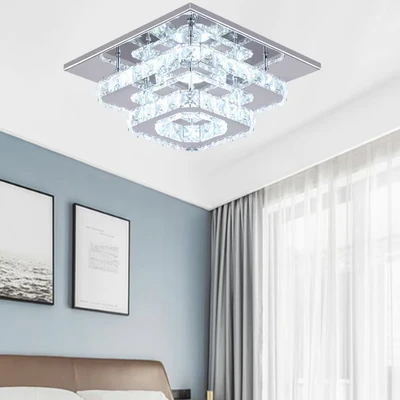 Image of Living and Home Square 2 Tier Crystal LED Semi Flush Ceiling Light with Chrome Canopy