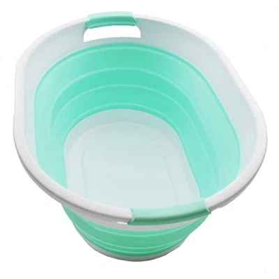 Image of SAMMART 32L Collapsible Plastic Laundry Basket Foldable Pop Up Storage Container/Organizer Portable Washing Tub Space Saving Hamper, Water Capacity: 24L (1, White/Light Green)
