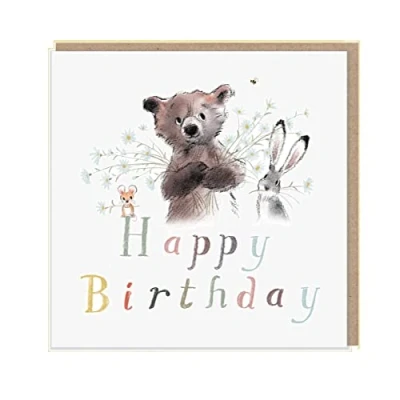 Image of Bear Hare and Mouse Daisies Birthday Card Cute Illustrated Greeting