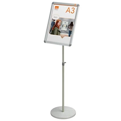 Image of Nobo A3 Sign Holder Display Stand With Snap Frame, Freestanding Poster Height Adjustable, Portable, Aluminium Trim, Premium Plus, Silver, 1902384