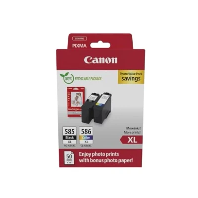 Image of Canon PG 585XL / CL 586XL Genuine Ink Cartridges, Pack of 2 (1x Black, 1x Colour), Includes 50 Sheets 4x6 Photo Paper Compatible with PIXMA TS7650i TS7750i