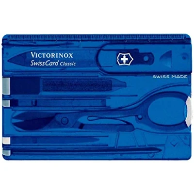 Image of Victorinox Swiss Card, Made Pocket Tool, Credit Card Size, 10 Functions, Pen, Scissors, Blue Transparent