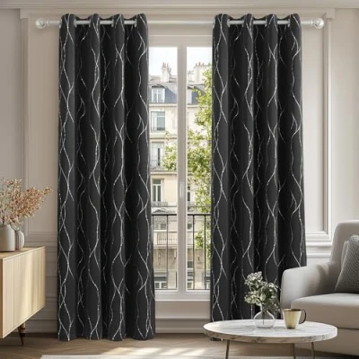 Image of Deconovo Super Soft Dotted Line Foil Printed Thermal Insulated Curtains Window Treatment Eyelet Blackout for Bedroom 46 x 72 Inch Black Two Panels