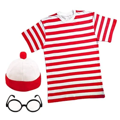 Image of Paper Umbrella MENS LADIES RED &amp; WHITE STRIPED TSHIRT HAT GLASSES Fancy Dress 34 36&quot; Chest (Men: Small)