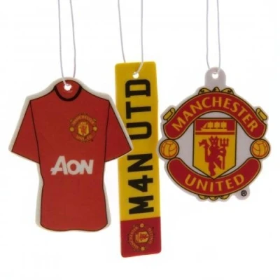 Image of Manchester United F.C. 3pk Air Freshener 3 different designs approx 7cm x on a header card individually wrapped official licensed product