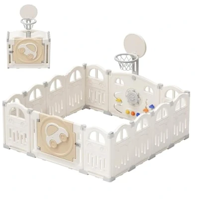 Image of UBRAVOO Foldable Baby Playpen with Mini Basketball Hoop &amp; 50Pcs Coloured Pit Balls, Car Theme for and Toddlers, Large Fun Indoor Activity Centre (14 Panel, Milky White)