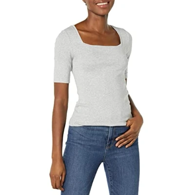 Image of Amazon Essentials Women&#039;s Slim Fit Half Sleeve Square Neck T Shirt, Light Grey Heather, M