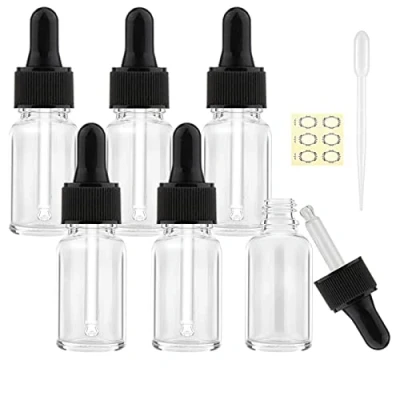 Image of Alledomain 6Pcs, 10ml Transparent Glass Bottles with Dropper Pipettes, Mini Empty Black Plastic Cap Refillable Clear Sample Container for Essential Oil/Massage Oil/Chemical Liquid