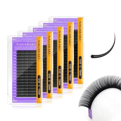Image of NAGARAKU 5 Trays Eyelash Extensions Supplies Classic 1:1 Lashes Individual Volume Lash Soft Single Natural Eyelashes Matte Black 16 Rows (0.03mm C Curl 11/12/13/14/15mm in 1 Pack)