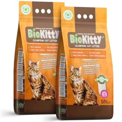 Image of BioKitty clumping cat litter, 99% dust free, highly absorbent natural mineral bentonite baby powder scented long lasting odour control 2x8.5kg/20L 2 bags (baby powder)