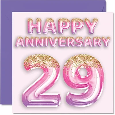Image of Pretty 29th Anniversary Card for Wife Girlfriend Husband Boyfriend Pink Purple Glitter Balloons Happy 29 Cards from Family, 145mm x Greeting Twenty Ninth Anniversaries