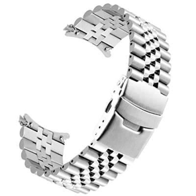 Image of Kai Tian Tapered 22mm Watch Band for Women Men Stainless Steel Deployment Buckle Silver Three Dimension Straps with Curved Ends