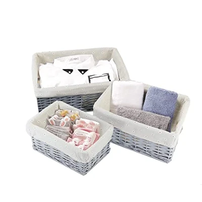Image of Marco Paul Interiors Traditional Set of 3 Plastic Wicker Hamper Storage Baskets with Washable Cloth Liners Strong Rustic Woven Box for Home, Bathroom, Bedroom Decor (Grey Khaki Flower Lining)