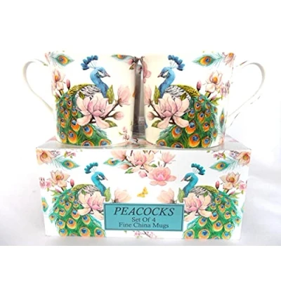 Image of Heron Cross Pottery &quot;Abbeydale Collection&quot; Set of 4 Gift Boxed China Palace Mugs in Peacocks Design