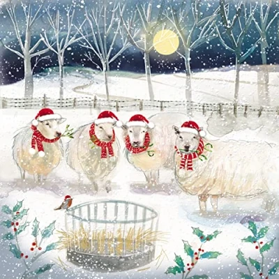 Image of the Almanac Gallery Pack of 8 Charity Christmas Cards &quot;At Hay Stack&quot; Attractive Design with Sheep in Snow Same Lovely