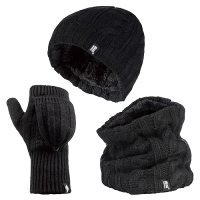 Image of HEAT HOLDERS Ladies thermal winter warm fleece cable knit Hat, Neck Warmer and Converter Gloves set (Black)