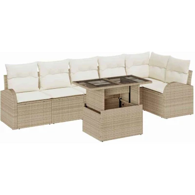 Image of vidaXL 7 Piece Garden Sofa Set with Cushions Beige Poly Rattan