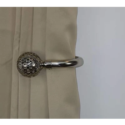 Image of Home Harmony® Sphere Geo Finial Telescopic Extendable Curtain Pole set In Black Silver White and Matching Holdbacks Available (Silver, Holdback Pair)