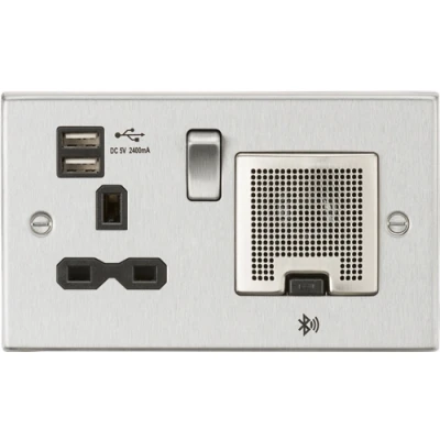 Image of KnightsBridge 13A Socket, USB chargers (2.4A), &amp; Bluetooth Speaker Square Edge Brushed Chrome with black insert
