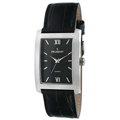Image of Peugeot Men&#039;s Rectangular Textured Roman Numeral Dial Classic Dress Wrist Watch with Leather Strap Band, Black, M, Watches