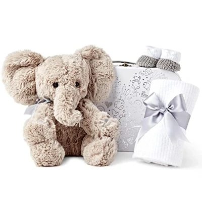 Image of Baby Box Shop Gift Set Hampers in White Keepsake Includes Elephant Teddy, New Born Essentials, Hamper Elephant, Baskets Unisex