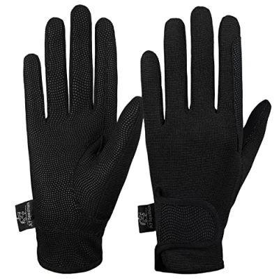 Image of AFE Ladies Horse Riding Gloves Track Fabric Synthetic Leather Equestrian Black Stretch Pink Purple Lilac (Black, Medium)
