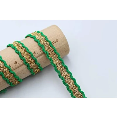 Image of Feathers Creation 3 M 15 MM Beautiful Color with Gold Zari in Center Braided Lace Craft Embellishment Decoration,sew on or Christmas Decoration (Green)