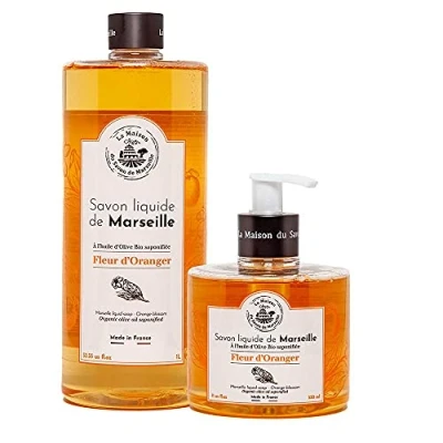 Image of Maison du Savon De Marseille French Liquid Soap with Organic Olive Oil Orange Blossom Hand Wash 1 Litre Refill and 330ml Dispenser Pair