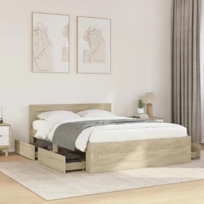 Image of vidaXL Small Double Bed Frame with Headboard &amp; Drawers Sonoma Oak, Engineered Wood, 193x123x69 cm