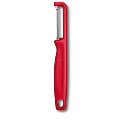 Image of Victorinox Peeler Iota, for Vegetables, Fruits, Serrated Edge, Double Edged, Extra Sharp, Swiss Made, red