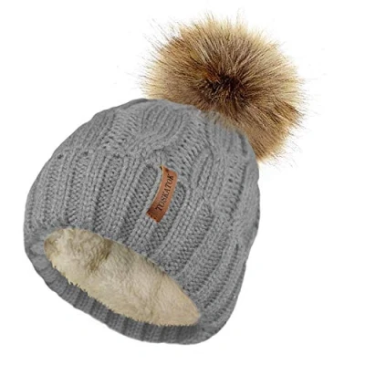 Image of TOSKATOK Ladies Chunky Soft Cable Knit Hat with Cosy Fleece Liner and Detachable Faux Fur Pompom Grey