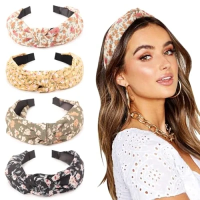Image of DRESHOW 4 Pack Headbands for Women and Girls Flower Printed Knotted Plastic Head Band Fashion Boho Wide Hairbands Non Slip Hair Accessories