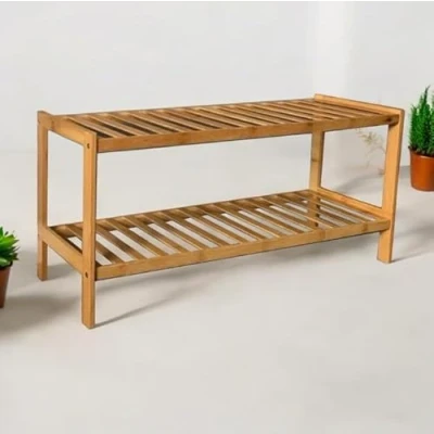 Image of Faboer Natural Bamboo 2 Tier Shoe Rack, Shelf for Shoes Plants Books Organizer, Living Room Hallway Bedroom Bathroom, 26 x 70 33 cm Brown
