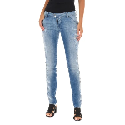 Image of Met Womens Long Denim Pants worn and torn effect 10DBF0598 woman Blue Cotton Size 26 (Waist)