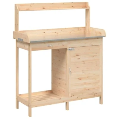 Image of vidaXL Solid Wood Fir Potting Table with Cabinet Brown Bench Drawer/Shelf/Hooks, Zinc Covered Worktop, for Garden/Patio/Terrace, 110.5x45x124.5cm, Assembly Required