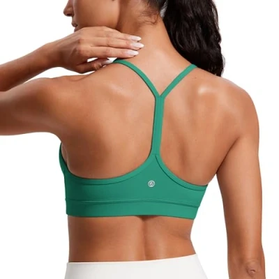 Image of CRZ Yoga Women&#039;s Butterluxe Padded Sports Bra Low Impact Y Back Strappy Racerback Spaghetti Straps Gym Bras Cascadia Green XS
