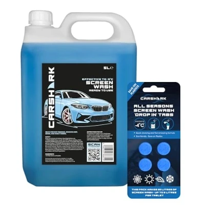 Image of CARSHARK All Seasons Screenwash 5 Litres + 1 x 4 Tablets, Makes up to 20L of Screenwash, Reduces Plastic Waste, Windscreen Washer Tablets