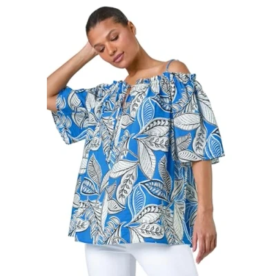 Image of Roman Leaf Print Cold Shoulder Bardot Top for Women UK Ladies Spring Everyday Summer Holiday Short Sleeve Soft Tie Detail Comfy Woven Fabric Shirt Vacation Beach Blouses Blue Size 12